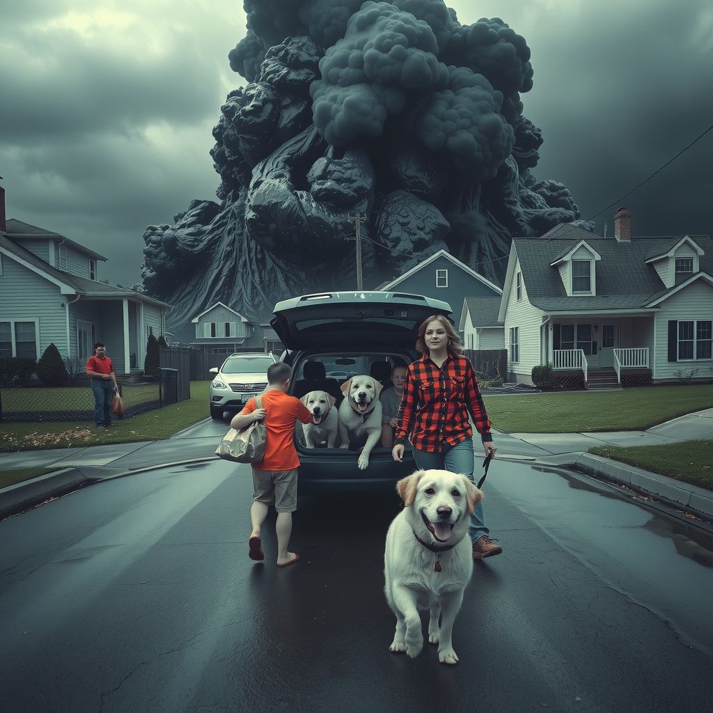 Surreal dream scene, cinematic and atmospheric, digital art: A family of eight hurriedly packs essential belongings and loads three white dogs into a small car as a massive wave of thick black tar rapidly floods their neighborhood, destroying houses in its path under a dark, stormy sky.