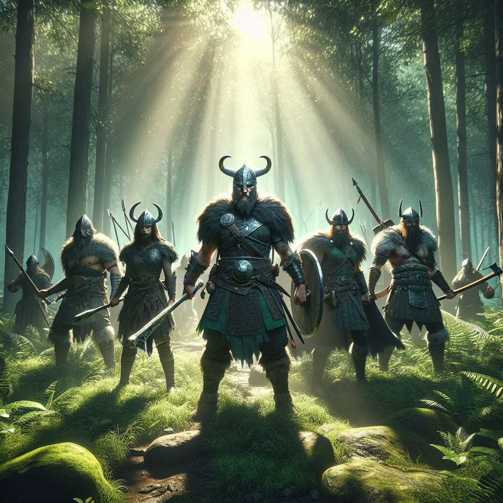 Digital art 4k scene from a movie: An epic battle scene with vikings standing ready for combat in a lush green forest clearing.