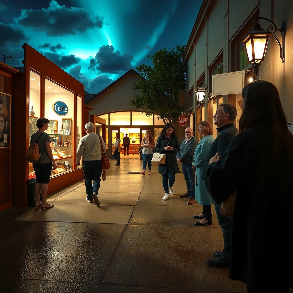 Surreal dream scene, cinematic and atmospheric, digital art: A peaceful museum scene where a group of friends and family explore gift shops and a cozy restaurant, followed by a vibrant sidewalk lined with people patiently waiting for free professional headshots, including friendly community members and helpful priests assisting the event.