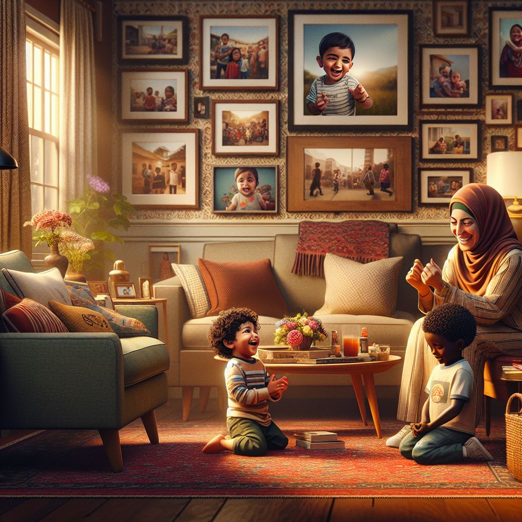 Digital art 4k scene from a movie: In a cozy living room adorned with milestone photos, a loving mother watches proudly as her two children, a baby and a 3-year-old, play together joyfully, despite the slight mishap of a lost tooth and a mistaken outfit choice.