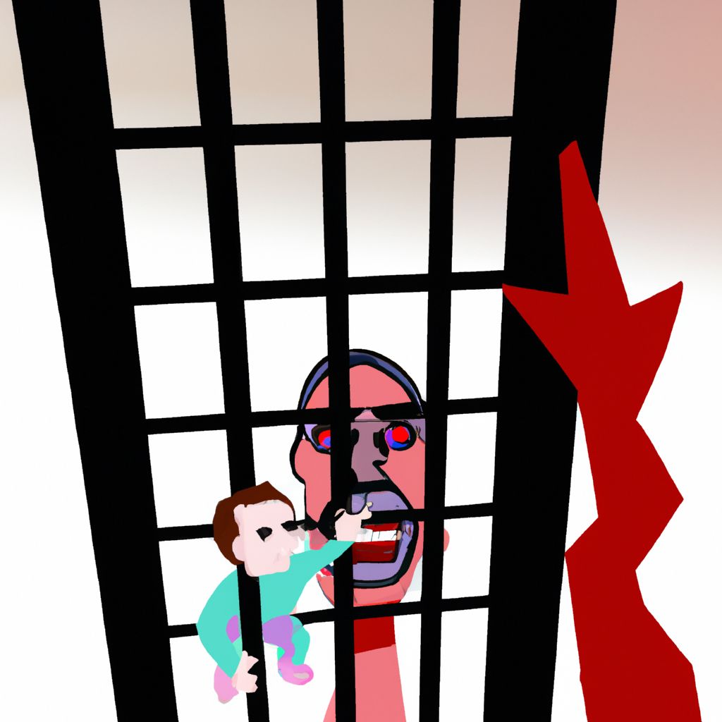 Digital art, Create an image of a red, angular creature/man with a sinister expression trapping a child with toddler gates, while the child is screaming and trying to escape the feelings of aloneness and emptiness.
