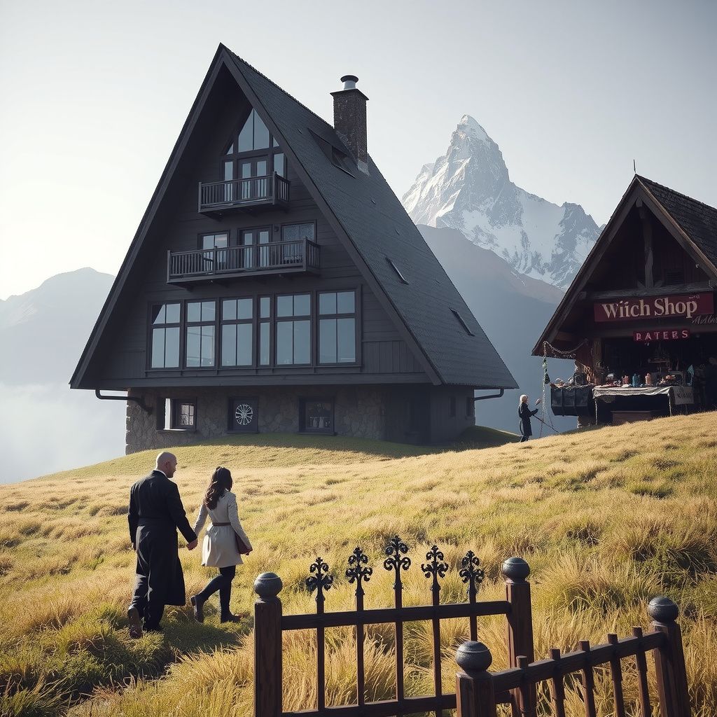 Surreal dream scene, cinematic and atmospheric, digital art: A dreamy scene of a woman and a bald man walking hand in hand through tall soft grass in an open mountain field near a three-story, triangular cabin with large windows overlooking majestic Swiss Alps peaks, surrounded by magical and cozy elements, a busy market with a witchy shop filled with crystals and curiosities nearby, evoking warmth, connection, and a hint of enchantment.