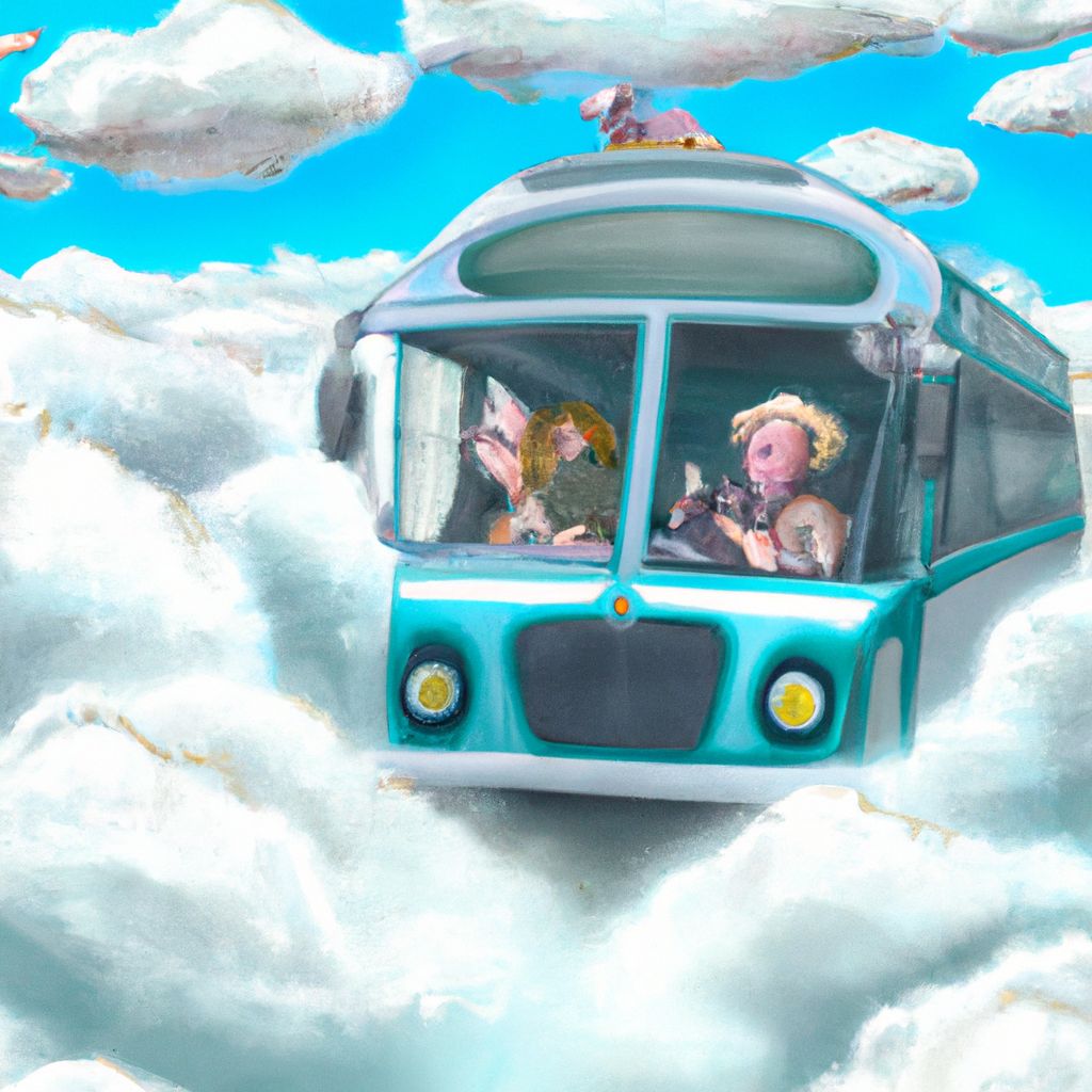 Digital art, A fun ride on a flying bus, soaring through the sky amidst fluffy white clouds, with a friendly driver named Barbara, brings joy and wonder to the passengers as they realize they are dreaming.