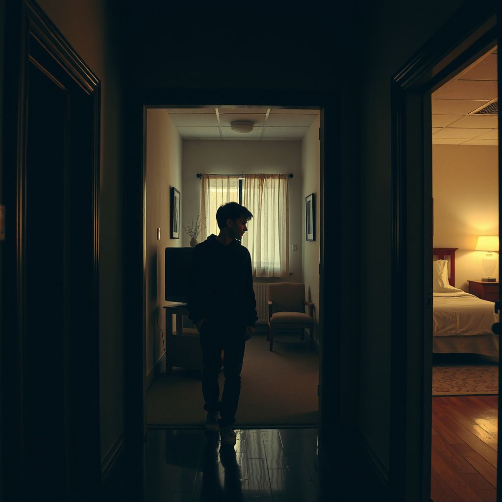 Surreal dream scene, cinematic and atmospheric, digital art: A contemplative young person walks down a dimly lit hallway in an old house, pausing to turn off a television before heading to their bedroom, transitioning into a calm, warmly lit psych ward where they reconnect with familiar colleagues in a supportive and understanding atmosphere.
