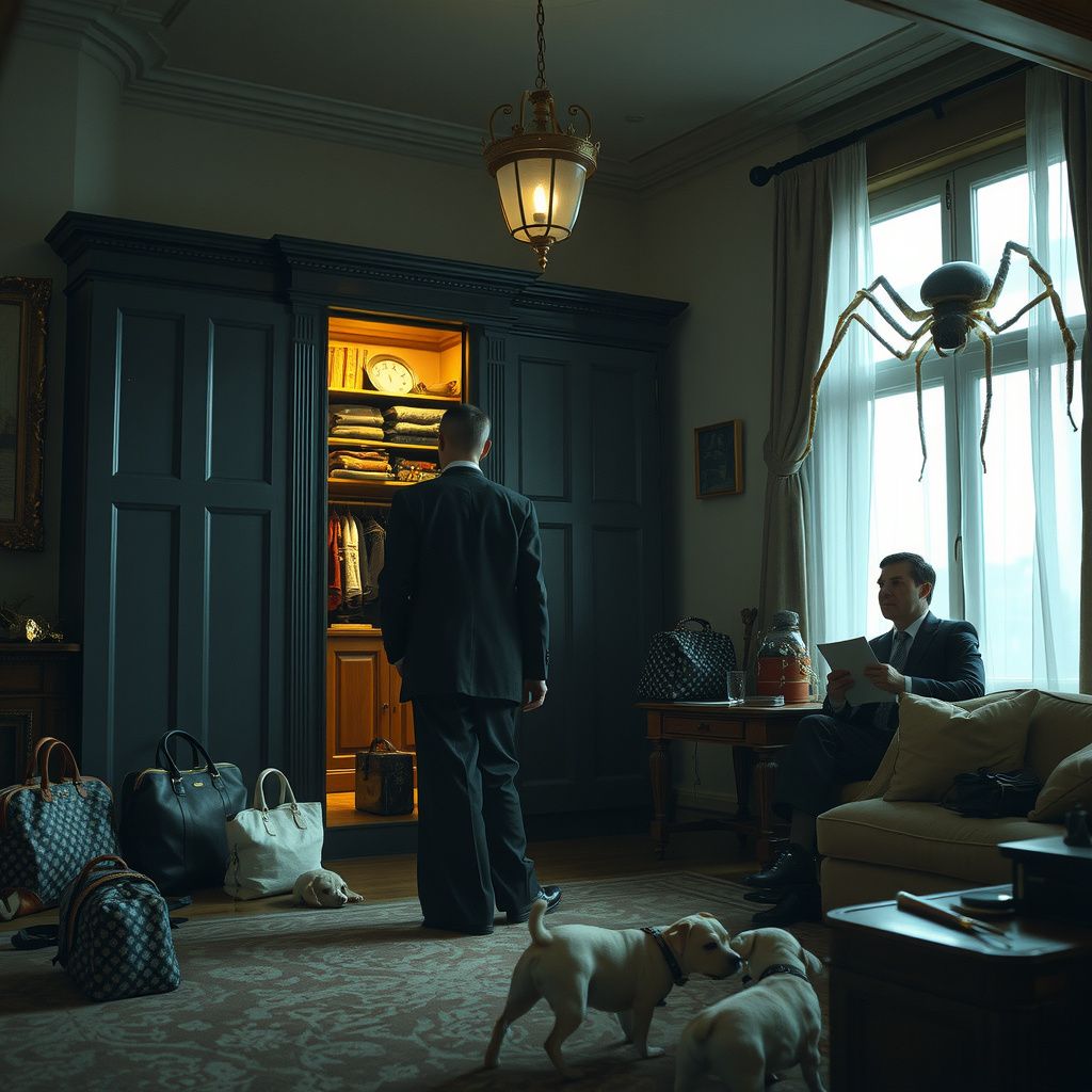 Surreal dream scene, cinematic and atmospheric, digital art: A surreal scene inside a large, dimly lit house filled with designer bags, a woman searching through an elegant closet, a man watching thoughtfully, scattered small dogs nearby, and eerie shadows of giant spiders looming in the background as a tense yet dreamlike atmosphere unfolds.