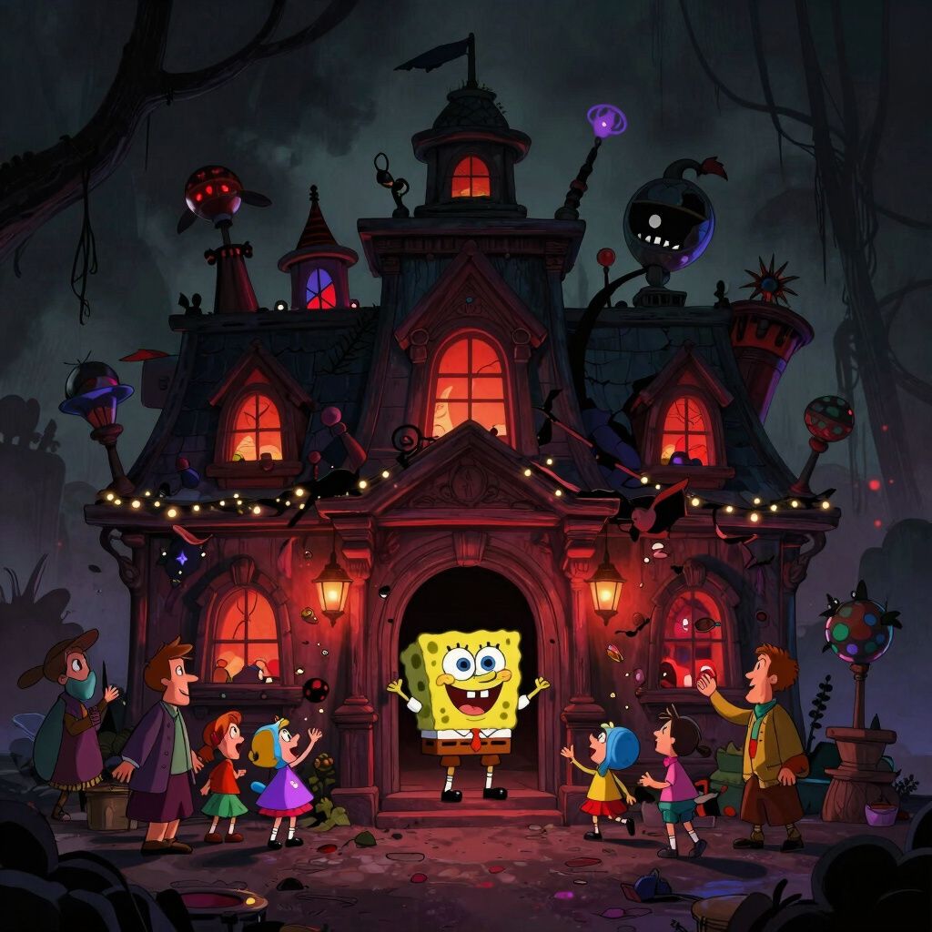 Dark gothic dream scene, moody shadows, dramatic chiaroscuro, ominous atmosphere, deep blacks with muted crimson, digital art: A scene of a festive holiday celebration outside a large building with whimsical, changing rooftop attachments, while a cheerful Spongebob character repeatedly enters and exits before the building dramatically collapses gently, surrounded by joyful families including a man and children in colorful attire, all depicted in a vibrant, animated style.