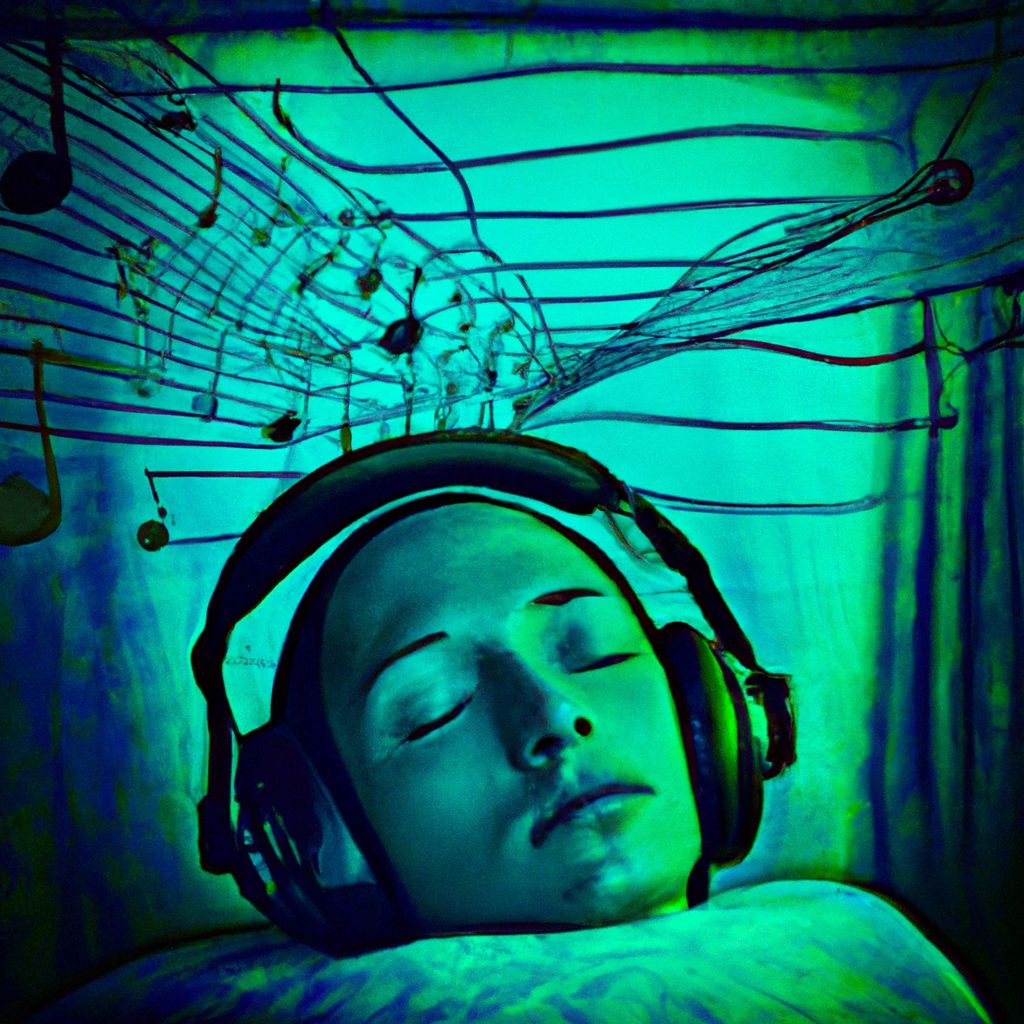 Digital art, Create a dall-e image of a person sleeping with headphones while a binaural beat plays softly in the background.