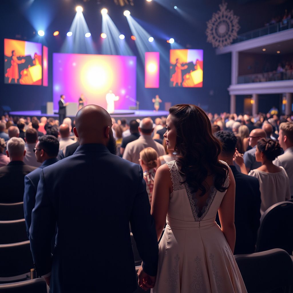 Surreal dream scene, cinematic and atmospheric, digital art: A bald black man with a thick beard holds hands with his elegant wife as they attend a large, vibrant megachurch service where a charismatic pastor honors the wife on stage amidst a supportive and joyful congregation.