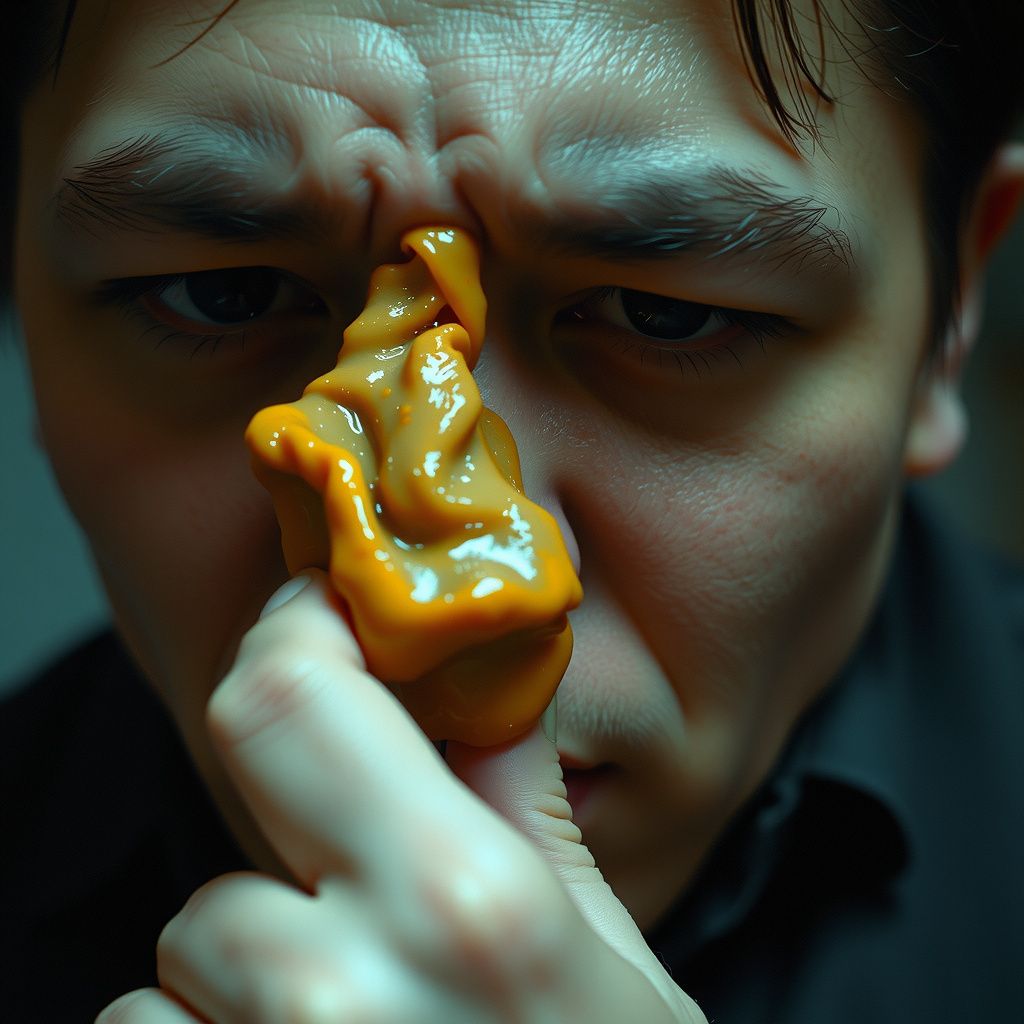 Surreal dream scene, cinematic and atmospheric, digital art: A surreal close-up of a person struggling to remove an impossibly thick and sticky clog from their left nostril in a dreamlike, exaggerated style.