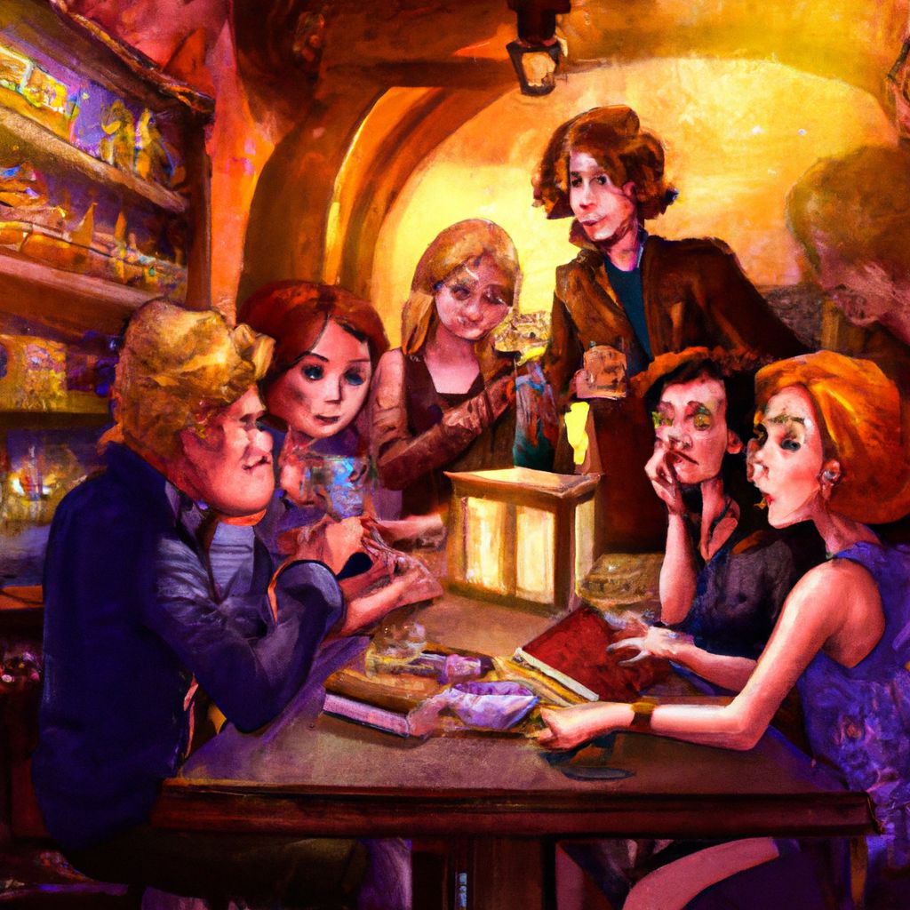 Digital art, After a day of exploration, a group of friends find themselves at a lively restaurant-bar, where one of them suggests booking the place for a surprise birthday celebration despite its early closing time.