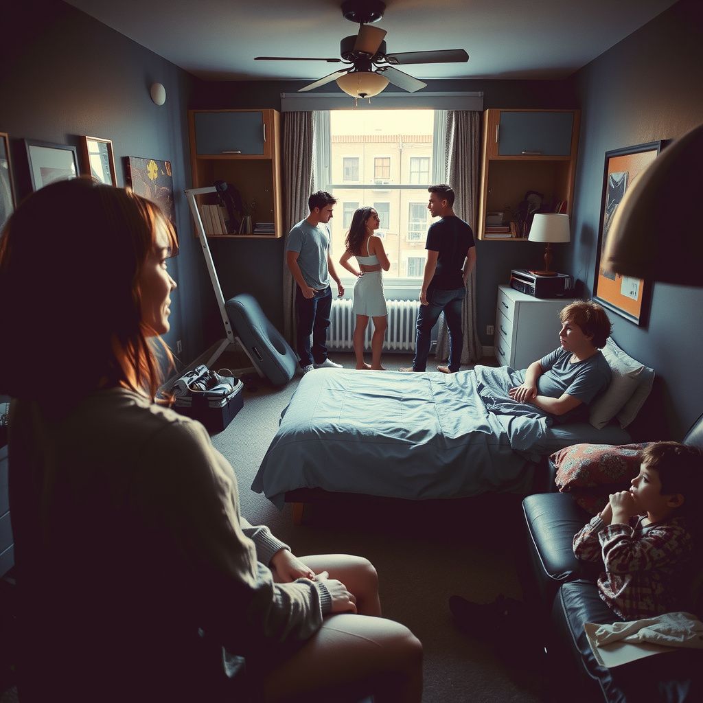 Surreal dream scene, cinematic and atmospheric, digital art: A woman thoughtfully watches as a group of diverse young adults interact in a cozy urban apartment, with subtle details like a small gym, a messy boy's room, children playing, and a warm, lived-in atmosphere highlighting complex relationships.