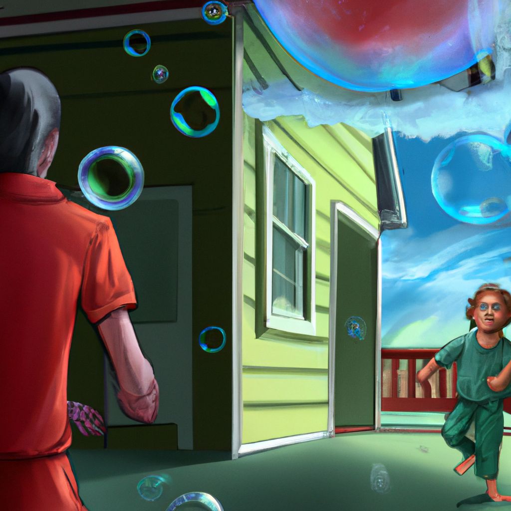 Digital art, A terrified child and their father find themselves confronted by ominous black bubbles floating towards them on a porch, prompting a desperate attempt to warn the skeptical mother and ultimately leading to a harrowing battle against a colossal, elastic humanoid entity.