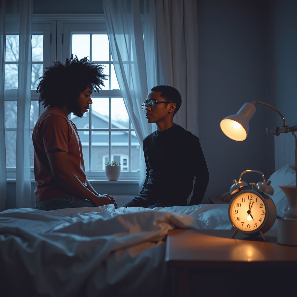 Surreal dream scene, cinematic and atmospheric, digital art: A peaceful morning scene showing two Black cousins in a cozy bedroom, one just waking up as the other gently asks him to turn off the ringing alarm clock on the bedside table.
