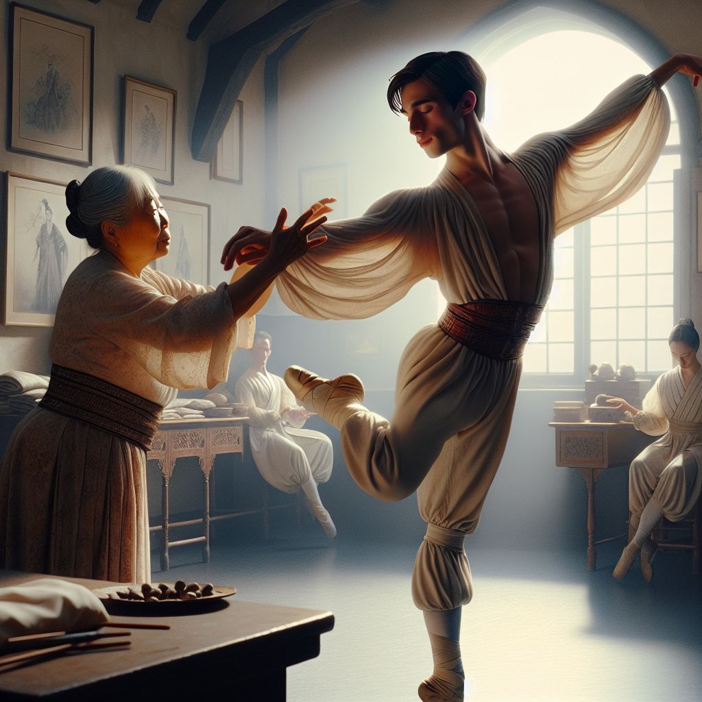 Surreal dream scene, cinematic and atmospheric, digital art: A young male dancer rehearses the climax of an elegant dance routine in a small room with his supportive mother, who carefully lifts him while giving guidance on arm movements and dress adjustments before an important performance.