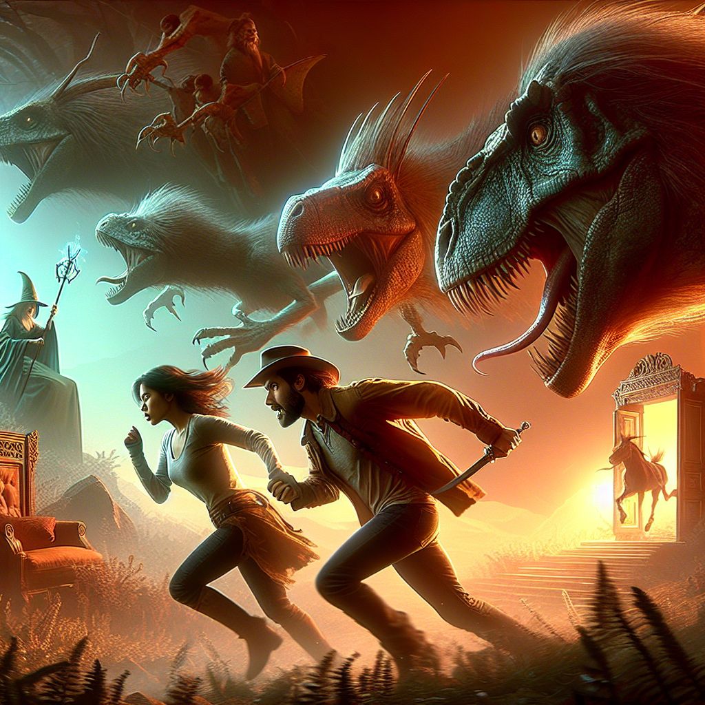 Digital art 4k scene from a movie: As Roma and they ran through the dream world, pursued by dinosaur-like creatures with sharp beaks and teeth, she managed to cut off the beak of one and lock it up in another room, feeling a sense of accomplishment until she remembered the teeth were the most dangerous part, like a lion, witch, and wardrobe kind of scenario.