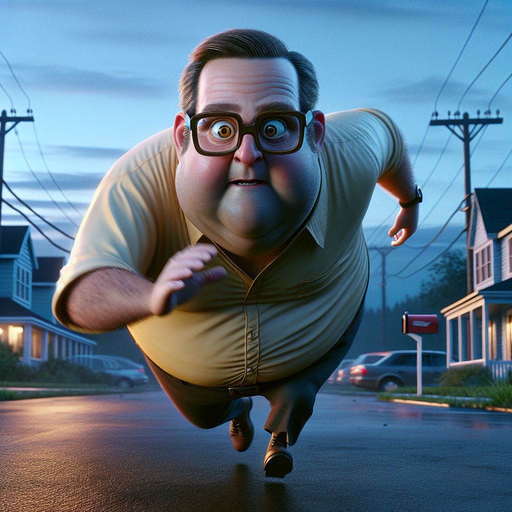 Digital art 4k scene from a movie: As he walked past J's neighbor Roy, he noticed a drastic change - Roy had gained a significant amount of weight and now he was chasing after him with his square glasses perched on his nose.