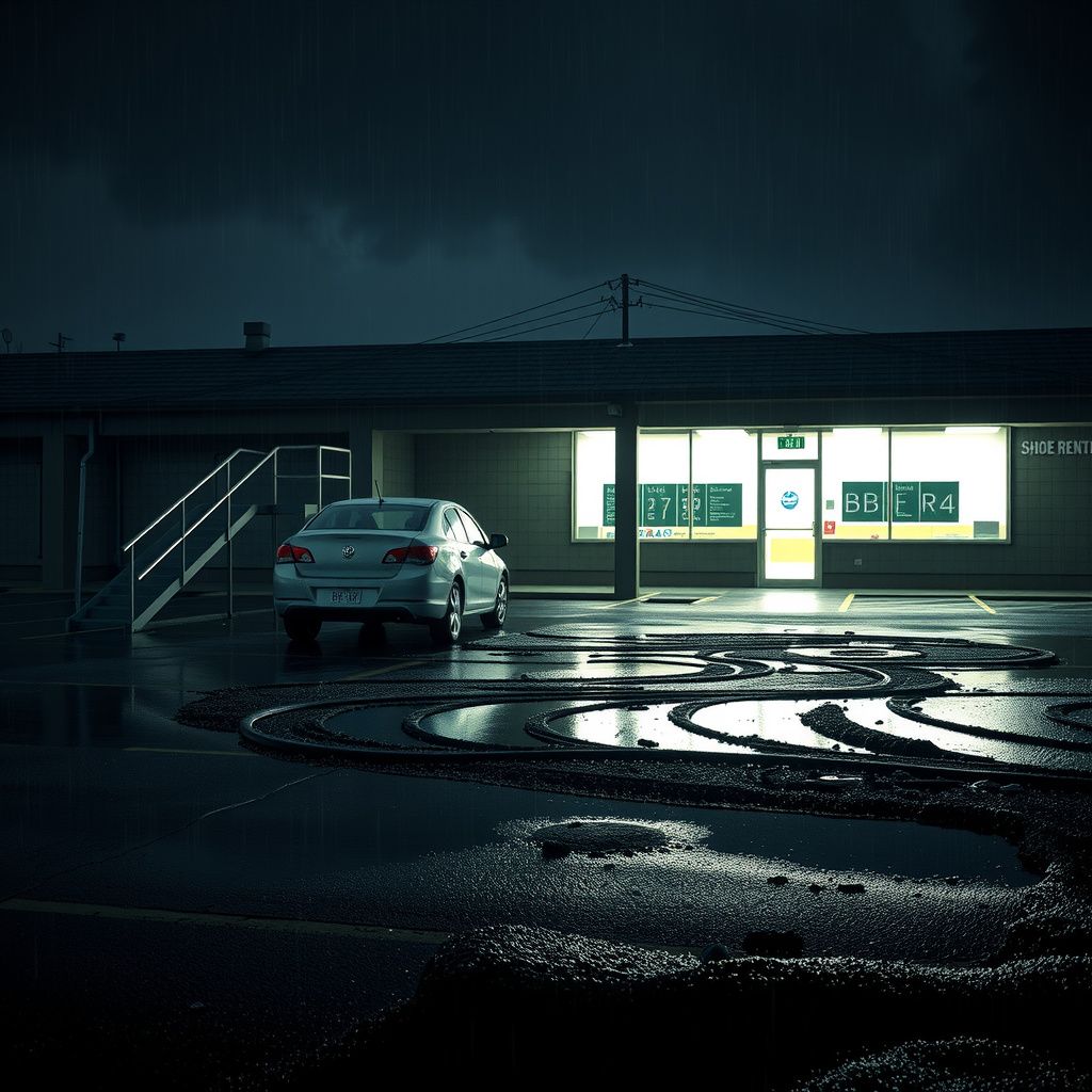 Surreal dream scene, cinematic and atmospheric, digital art: A dark, rainy early winter evening at a nearly empty bowling alley parking lot with a lone car stuck in muddy shoulder, a long metal staircase leading to the entrance, and a dimly lit shoe rental office with no people in sight.