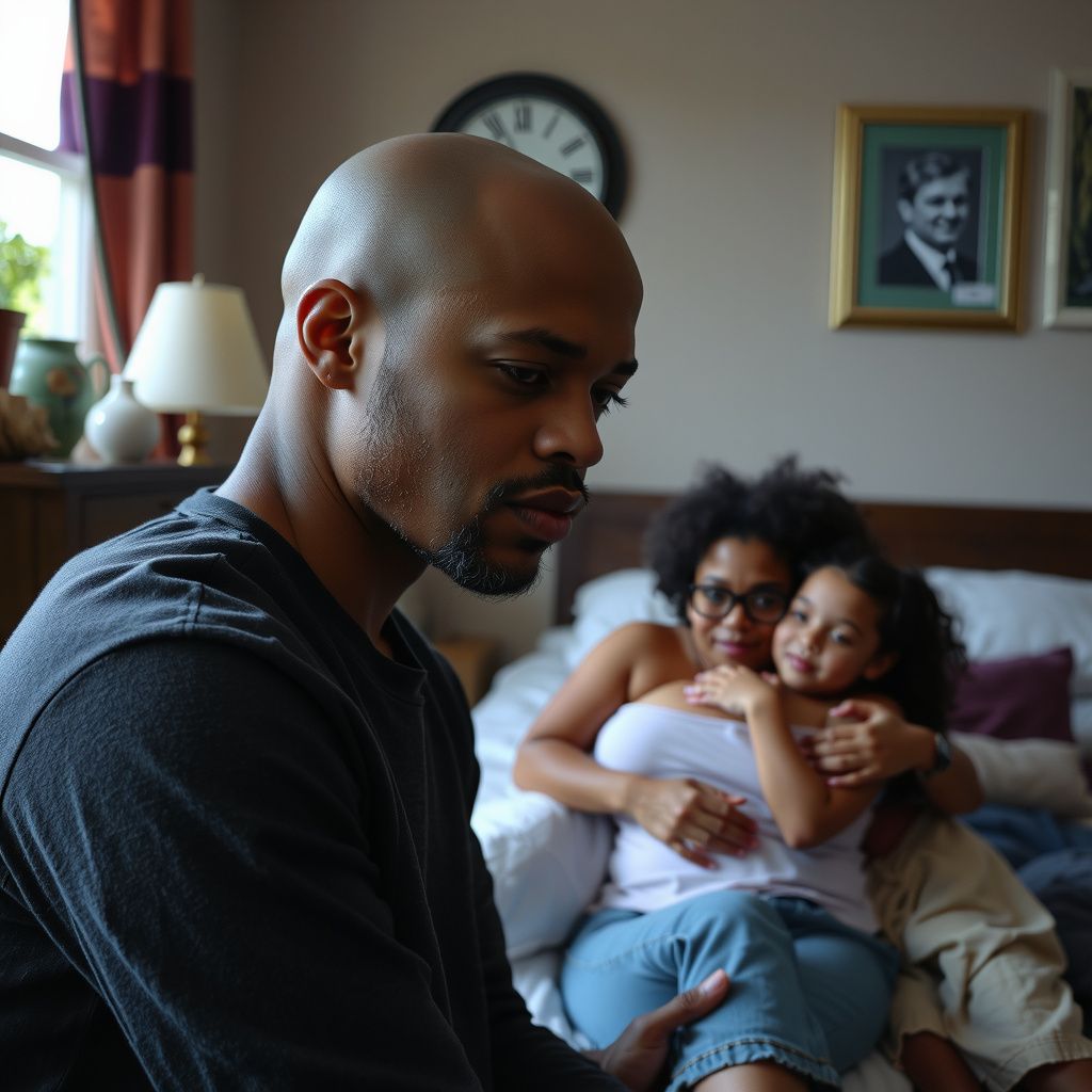Surreal dream scene, cinematic and atmospheric, digital art: A bald-headed Black man fondly spending time with his Black teenage friend Bubba at a childhood friend's house, transitioning to a heartfelt scene of their grieving Black family—mother, brother, aunt, and cousins—in a cozy bedroom, expressing deep emotion and remembrance.