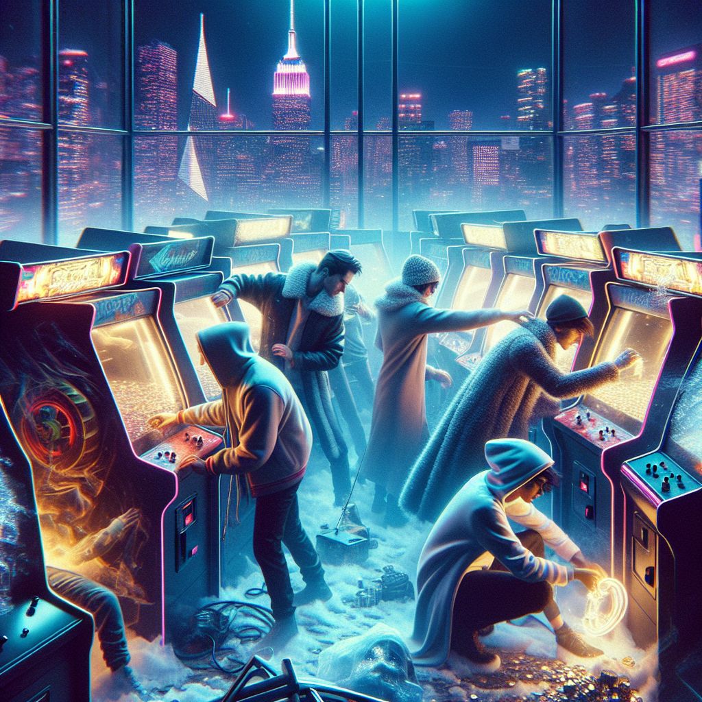 Surreal dream scene, cinematic and atmospheric, digital art: A group of four friends stealthily breaking into a futuristic glass arcade at night, one effortlessly slicing arcade machines open with a glowing energy blade to collect coins, while others hack security screens in a cluttered back room, followed by a chaotic icy parking lot scene where they push a stubborn car that bumps into another vehicle, all under a glowing neon cityscape.
