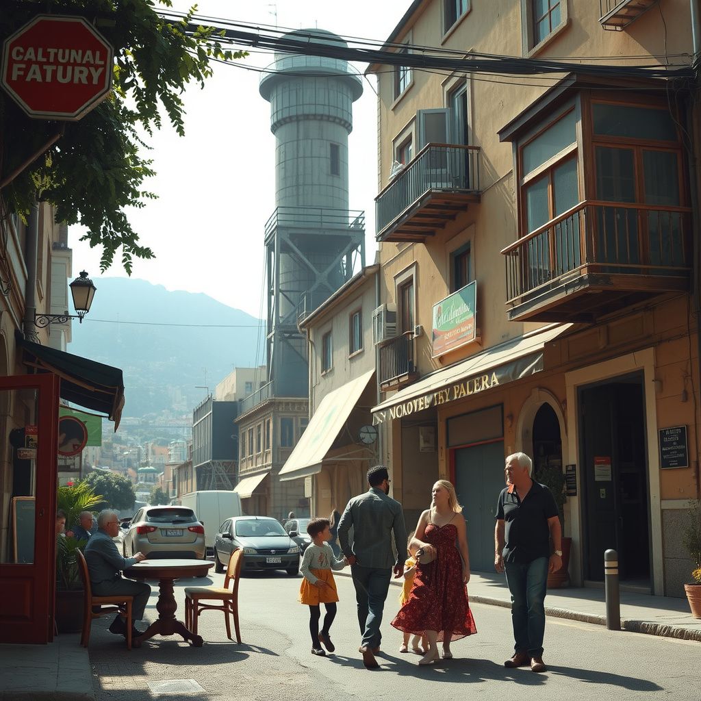 Surreal dream scene, cinematic and atmospheric, digital art: A vivid, dreamlike street scene blending elements of a lively bar, intricate old-world factory, and sunlit Mediterranean cityscape with diverse families greeting warmly, captured in hyper-realistic detail from a third-person perspective.
