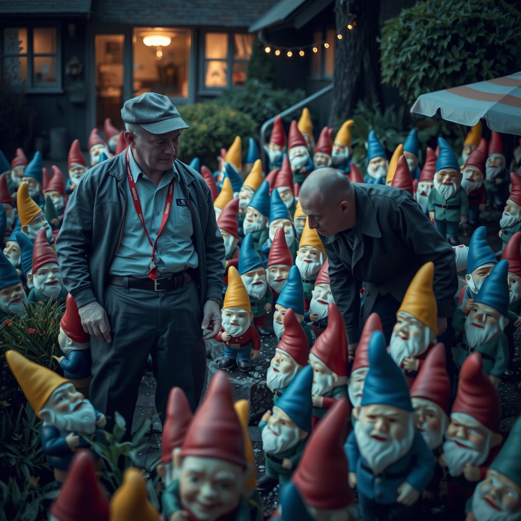 Surreal dream scene, cinematic and atmospheric, digital art: A weary postal worker stands amid a whimsical garden filled with hundreds of colorful ceramic gnomes in various humorous poses, searching intently while an old man in a flat cap watches with faint amusement nearby.