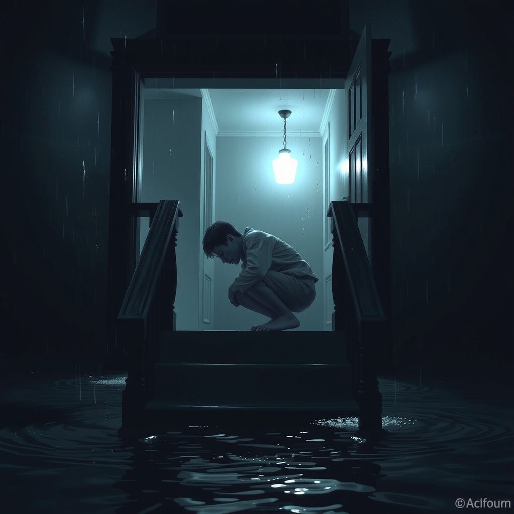 Surreal dream scene, cinematic and atmospheric, digital art: A surreal, emotional scene of a dimly lit house slowly flooding with water, tears falling like rain inside, a sad thirteen-year-old boy curled on the stairs, and a faint glowing landing light flickering in the dark, capturing the haunting atmosphere of loss and longing.