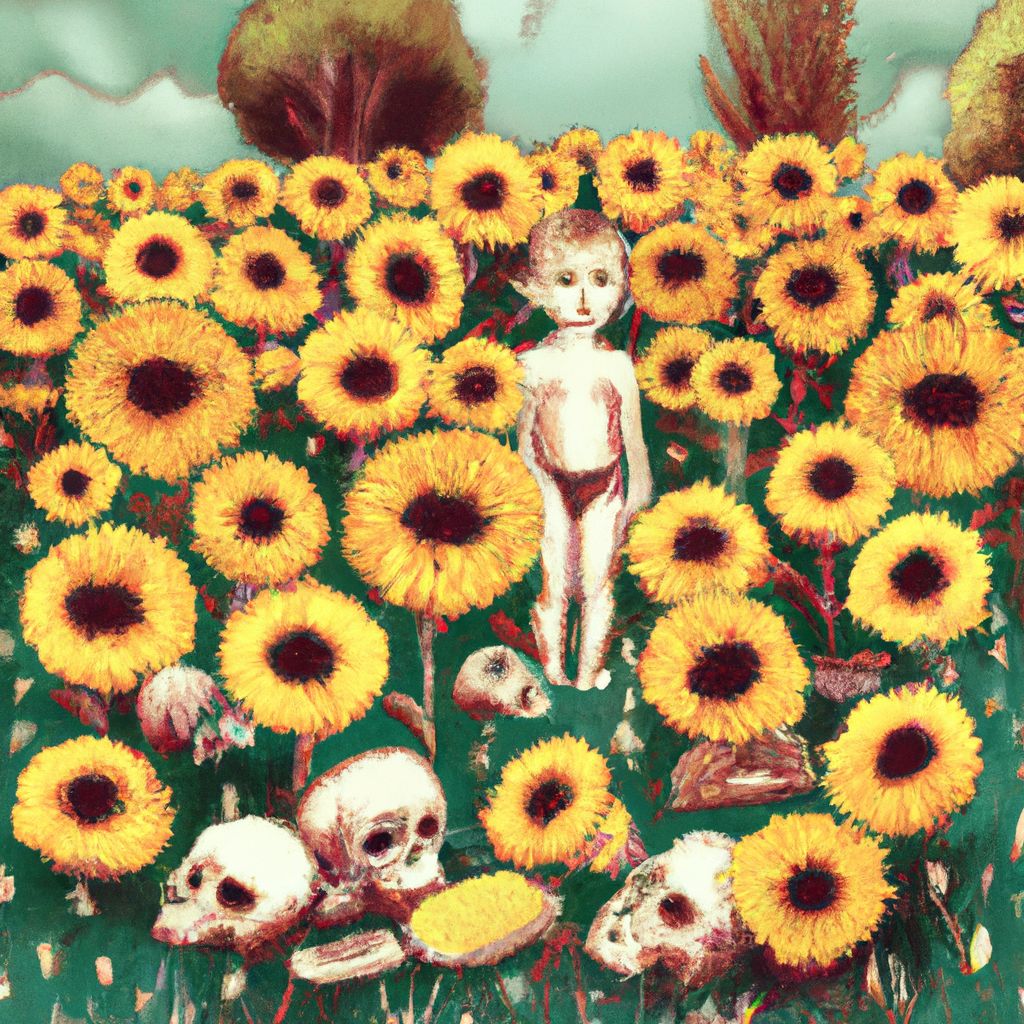 Digital art, I dreamt of myself as a child in my grandma's backyard, surrounded by sunflower skulls blooming in the grass.