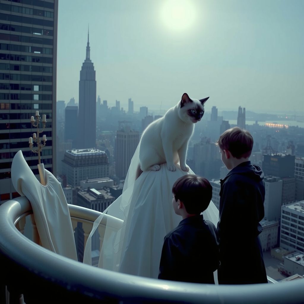 Surreal dream scene, cinematic and atmospheric, digital art: A surreal scene from a towering skyscraper overlooking a crowd gathered around an ethereal ghost lady, with playful young boys interacting near her, while a mystical ghost cat suddenly appears, climbs onto a person's shoulder, purring softly in an atmospheric, dreamlike urban setting.