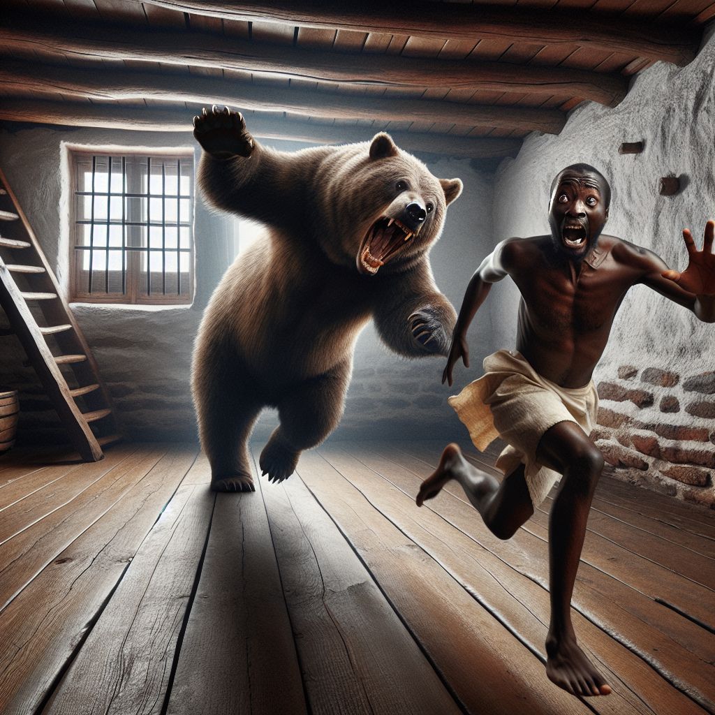 Digital art 4k scene from a movie: Person being chased by a bear in their own house, desperately trying to avoid having to kill it.