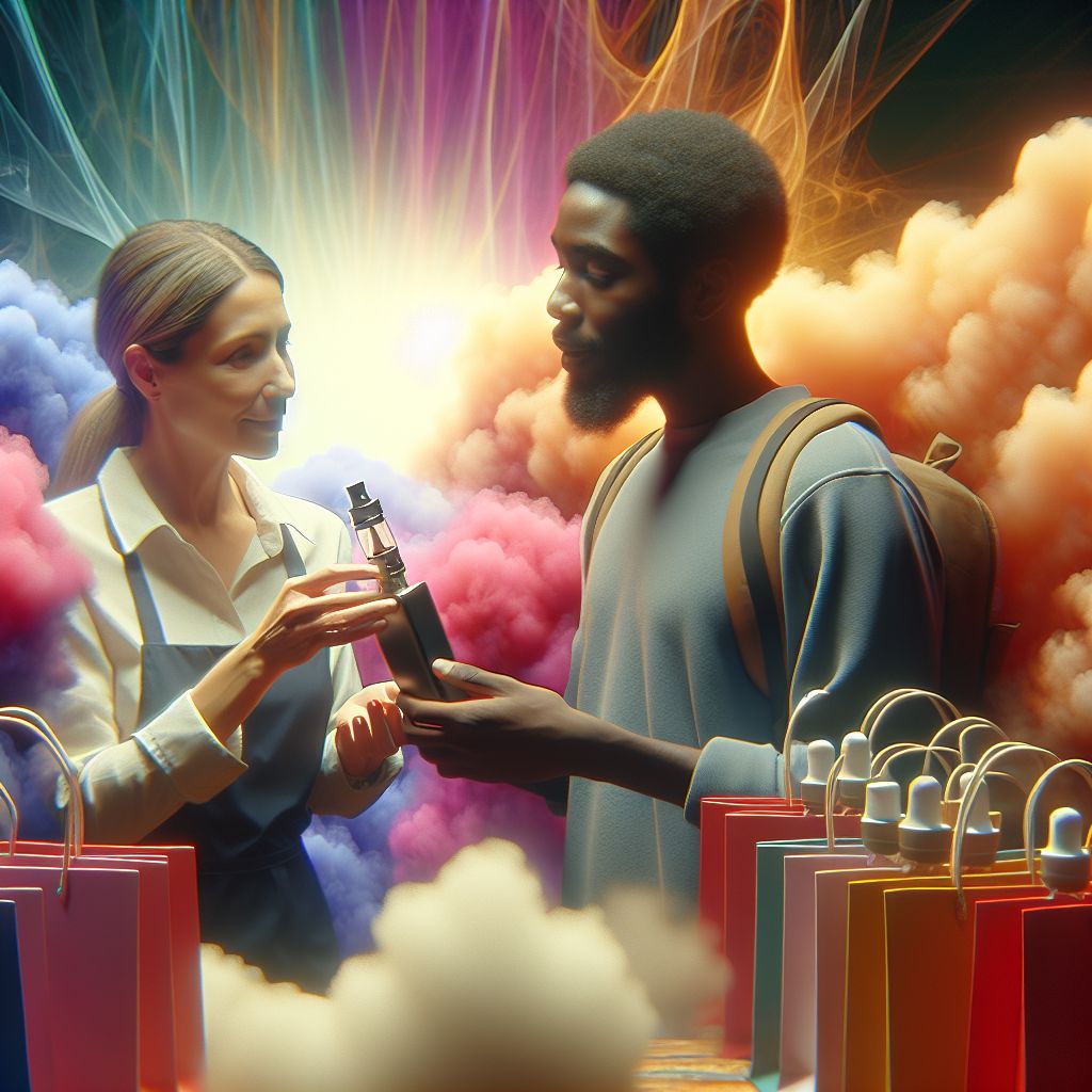 Surreal dream scene, cinematic and atmospheric, digital art: A friendly scene showing two coworkers, one gently teaching the other how to use a vape cautiously, surrounded by colorful vape and edible product bags, with a light and dreamy atmosphere.