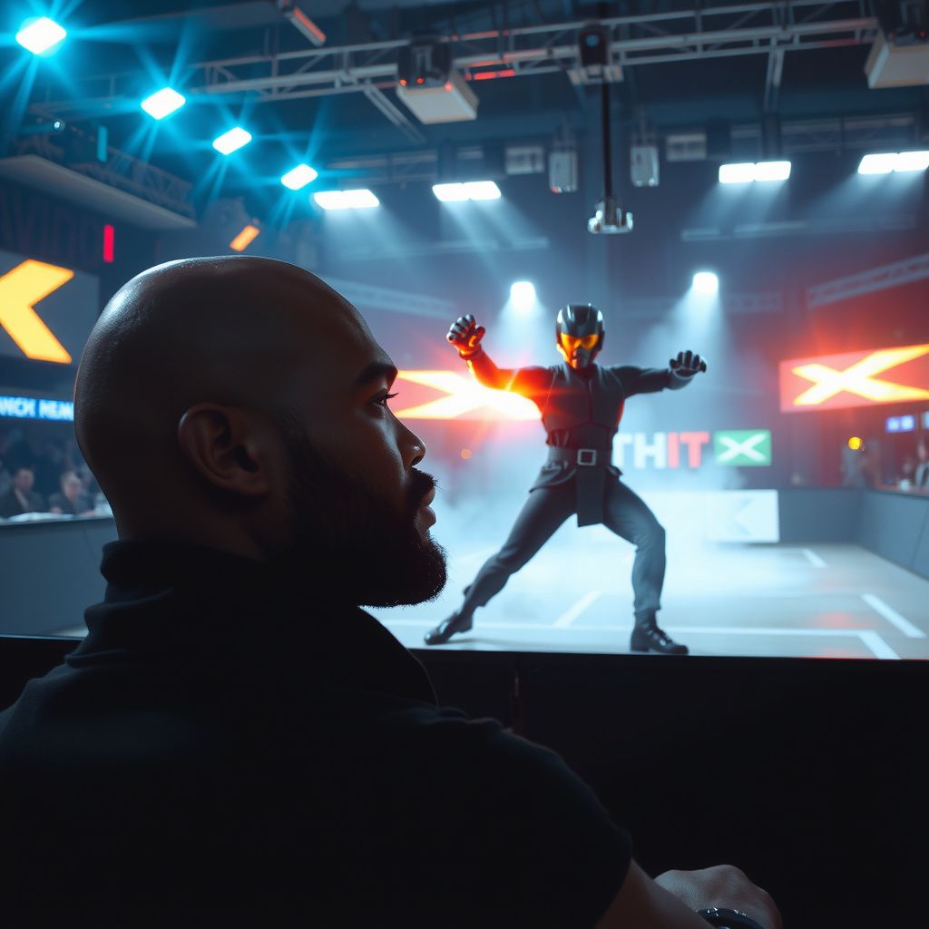 Surreal dream scene, cinematic and atmospheric, digital art: A black man with a bald head and beard watches a thrilling movie about a heroic martial artist in a robotic suit facing off against a rival fighter in a high-tech arena, capturing intense action and futuristic energy.
