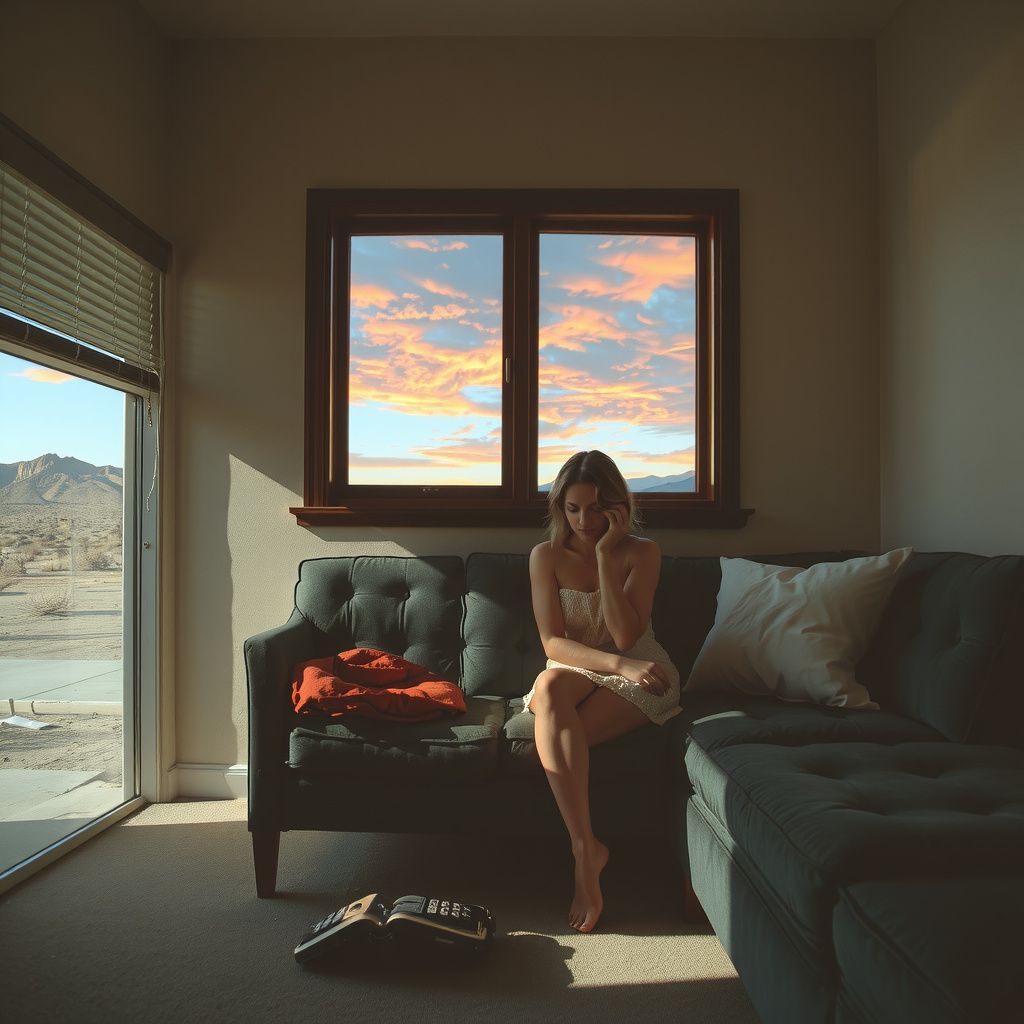 Surreal dream scene, cinematic and atmospheric, digital art: A heartbroken woman sits alone on a worn couch inside a sunlit, dry desert apartment that used to be a store, with a scorching bright sky visible through the window, reflecting feelings of betrayal and emotional turmoil.