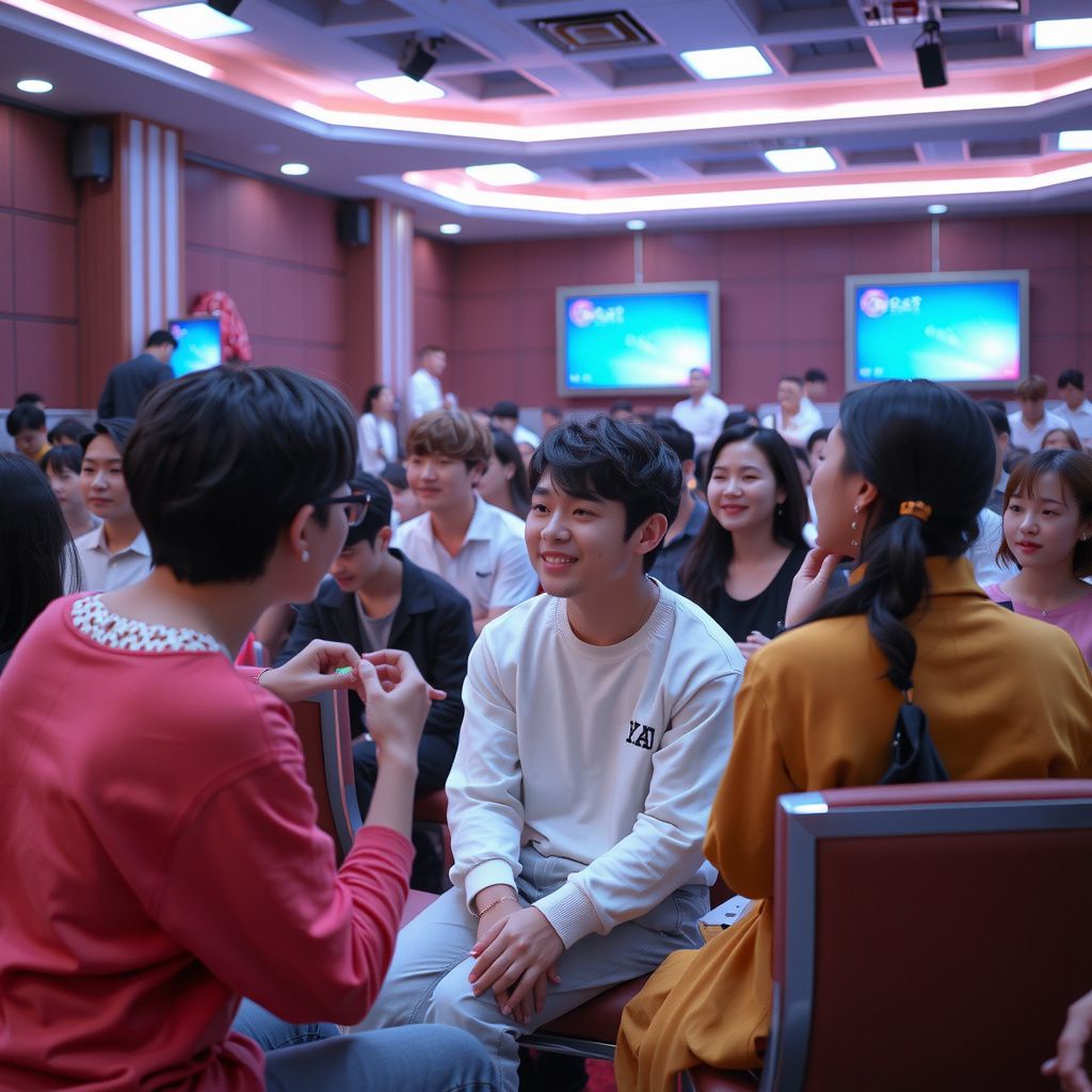 Surreal dream scene, cinematic and atmospheric, digital art: A lively K-Pop variety show room filled with numerous artists, where a seated fan joyfully mimics Stray Kids' dance moves, shares warm conversations and laughter with SHINee's Key sitting nearby, as a caring mother ensures the fan receives lunch amidst the energetic and friendly atmosphere.