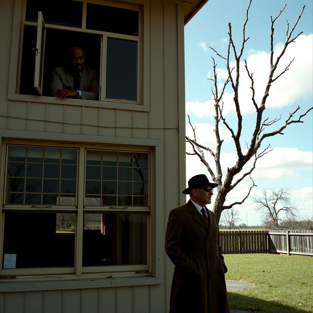 Surreal dream scene, cinematic and atmospheric, digital art: A bald-headed Black man watches from a multi-story window as a mysterious Caucasian man in a black round hat, shades, and a brown trench coat stands in a yard enclosed by a wooden fence on a sunny day.