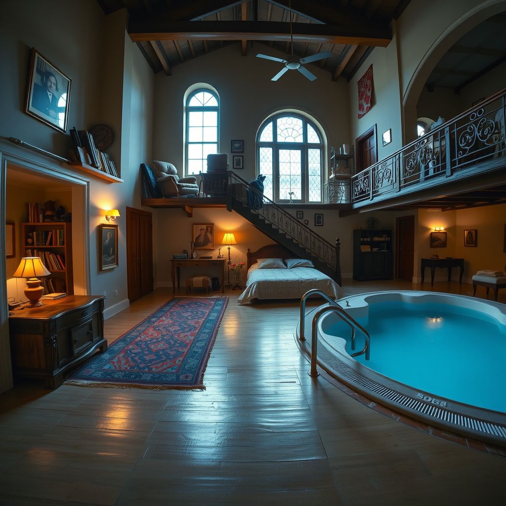 Surreal dream scene, cinematic and atmospheric, digital art: A vast, richly furnished inherited house with many rooms filled with belongings, featuring an older person's cozy master bedroom adjoining a luxurious master bathroom designed like a gym with a pool and hot tub, as someone imagines turning the master bedroom into an Airbnb.