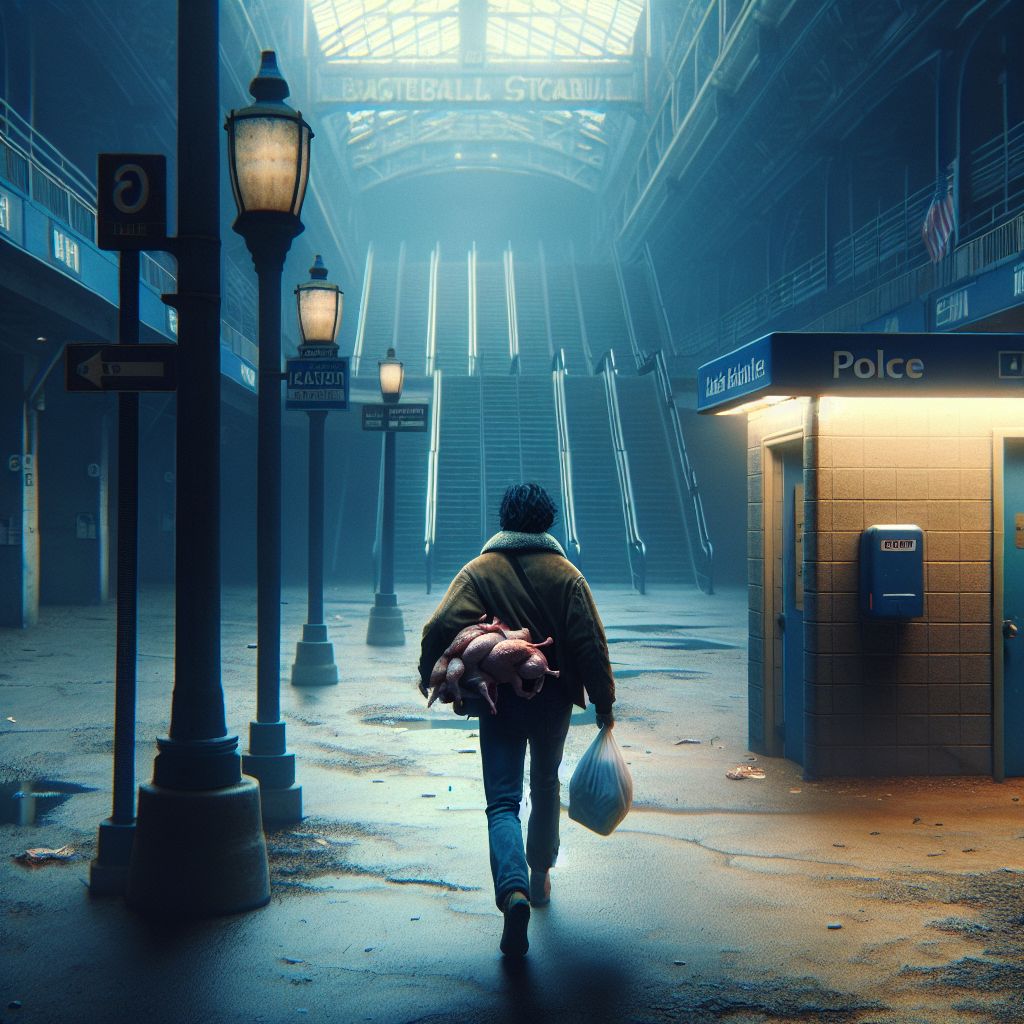 Surreal dream scene, cinematic and atmospheric, digital art: A lone visitor exits a deserted Major League Baseball stadium in middle America during twilight, carrying oddly wrapped chicken in a jeans pocket while passing empty bathrooms and descending staircases, then approaching a small police booth near train station turnstiles to ask for directions, with soft, moody lighting and a sense of quiet mystery.