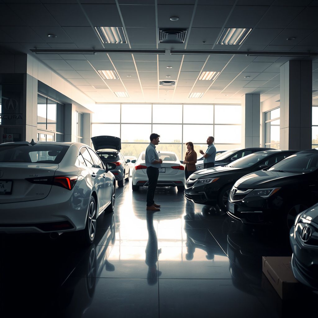 Surreal dream scene, cinematic and atmospheric, digital art: A confused customer stands inside a sleek Acura service center, unsure which car is theirs while employees in uniforms discuss test drives nearby under bright modern lighting.