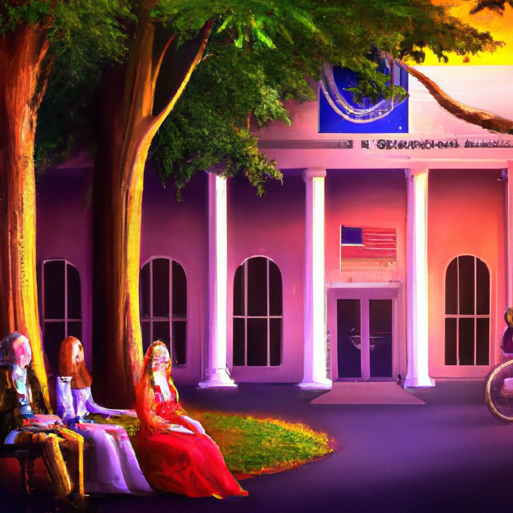 Digital art, In a bustling dream world resembling downtown Prescott, a young woman with the ability to see hallucinations encounters a peculiar scene at the courthouse, where she engages with a wheelchair-bound stranger, eventually sharing her unique vision of tiny Native American people having a picnic on the woman's lap, leading to a revelation about her future career path as a family therapist.