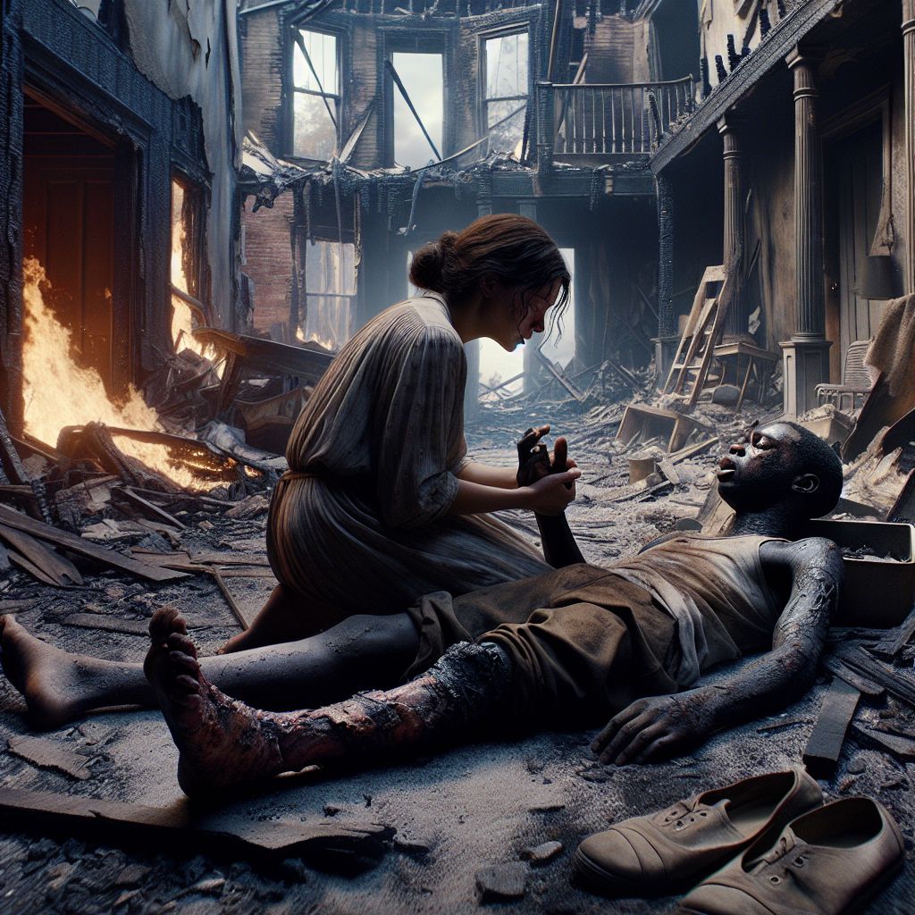 Digital art 4k scene from a movie: Devastated by the tragic street fire, the protagonist returned to their ruined home to find their burnt brother sitting among the debris, his foot unrecognizable and tears streaming down his face.