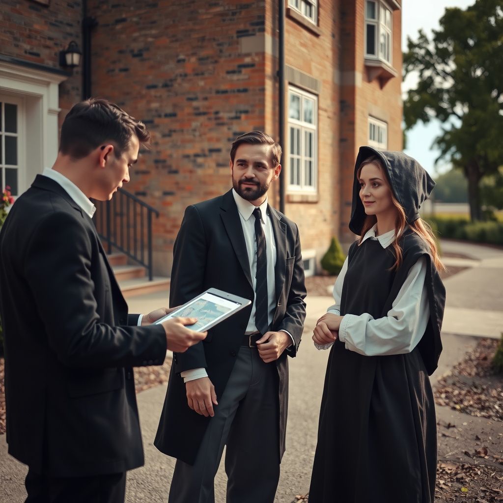 Surreal dream scene, cinematic and atmospheric, digital art: A scene showing two friends talking outdoors with one appearing stylish and slightly androgynous explaining GIS technology, while a third person dressed in modest 1700s Quaker-style clothing stands nearby observing respectfully.