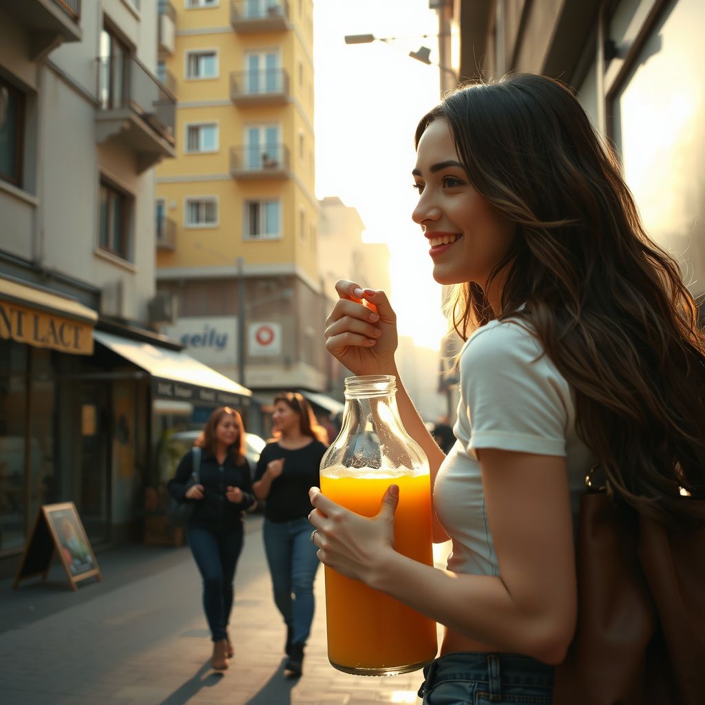 Surreal dream scene, cinematic and atmospheric, digital art: A woman with long brown hair walks happily with friends through a lively narrow shopping street bathed in bright afternoon sun, carefully carrying a heavy glass bottle filled with orange-yellow juice, surrounded by small shops, elevated train tracks, and six-story apartment buildings.