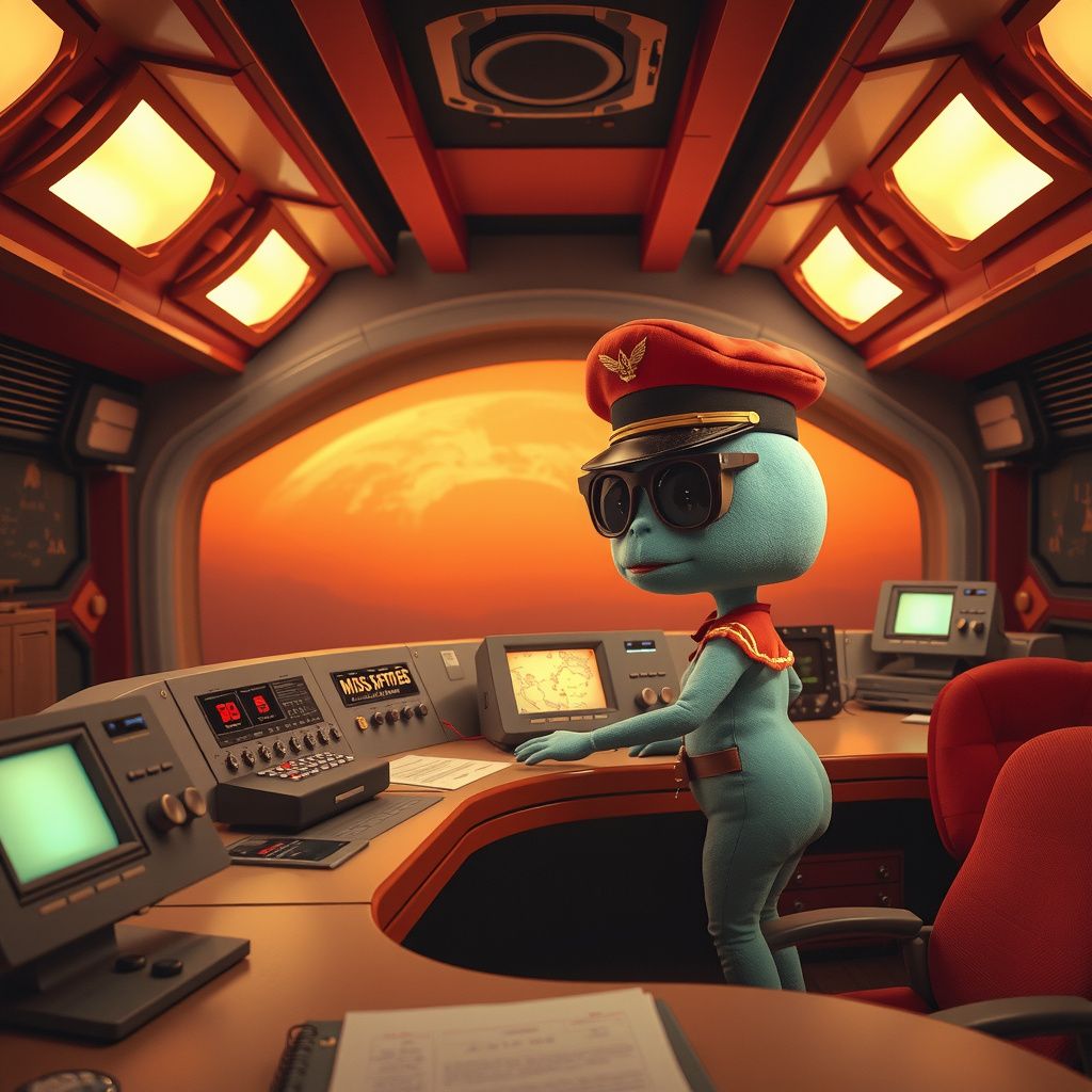 Surreal dream scene, cinematic and atmospheric, digital art: A retro-futuristic control room in space with warm red, beige, and teal colors, featuring Miss Spider from Sunny Patch Friends dressed in a vintage Air Force-style red and teal hat commanding the room, as she talks to a human cousin amidst glowing buttons, old-fashioned monitors, and a slightly dusty, nostalgic atmosphere.