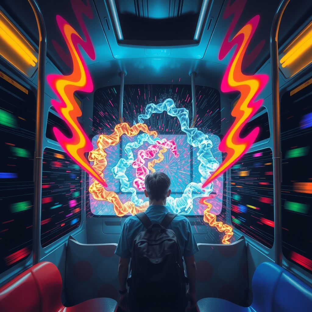 Surreal dream scene, cinematic and atmospheric, digital art: A student on a bus experiencing a colorful and surreal psychedelic journey with swirling patterns and vibrant lights surrounding them.