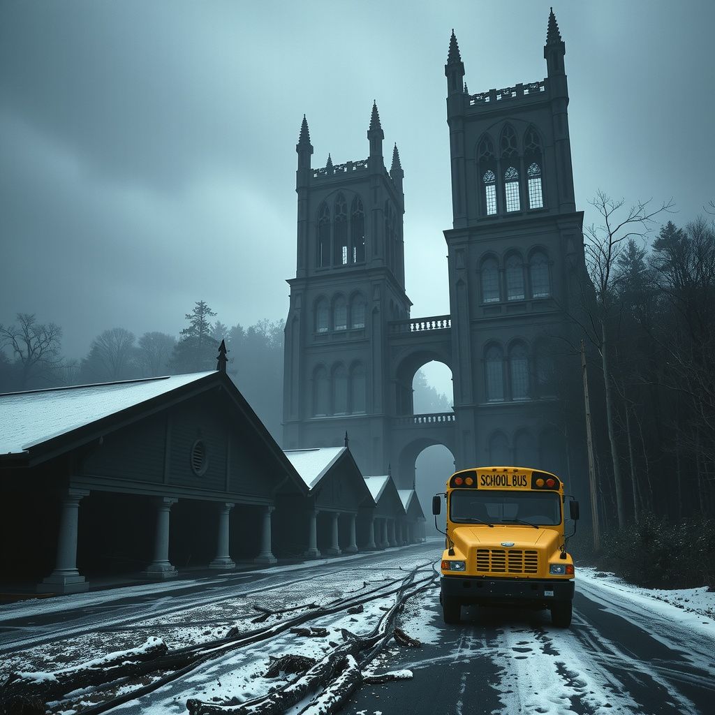 Surreal dream scene, cinematic and atmospheric, digital art: A solitary yellow school bus parked in front of tall, narrow Gothic mansion towers in a cold, gloomy apocalyptic setting, with misty forest tunnels and horizontal tree trunks nearby, evoking a mysterious and surreal atmosphere.