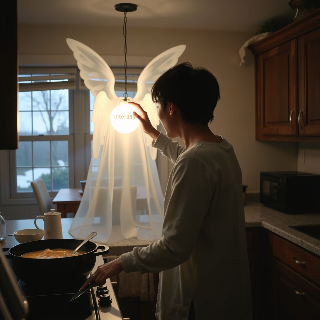 Surreal dream scene, cinematic and atmospheric, digital art: A serene kitchen scene where a person is cooking breakfast, suddenly experiencing a luminous angelic silhouette made of crystal light standing behind them, holding a glowing orb inscribed with the mysterious symbol 'interim369,' capturing a mystical moment of inner connection and higher self communication.