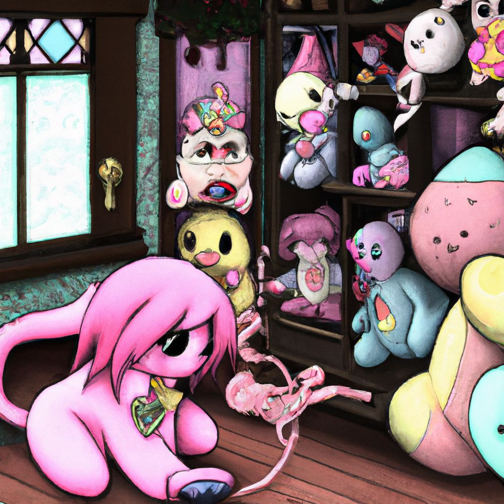 Digital art, A Pokemon enthusiast searches desperately for a rare Mew doll, only to stumble upon a house filled with a delightful collection of plushies, including the elusive Mew.
