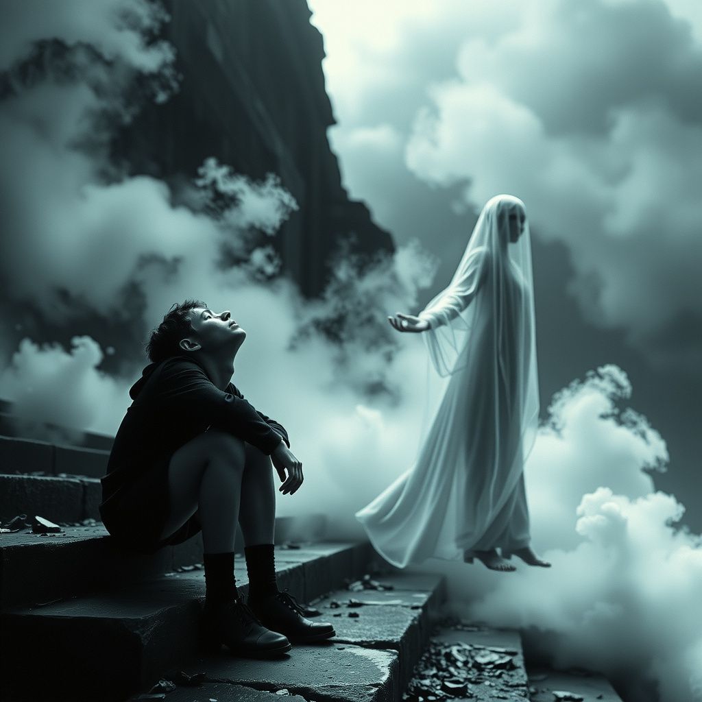 Surreal dream scene, cinematic and atmospheric, digital art: A somber, gray, smoky dream scene depicting a young man sitting on stone steps with his head hung low, looking up with a mix of sorrow and longing, as a translucent, gentle spirit-like figure watches him from a distance in a quiet, emotional moment.