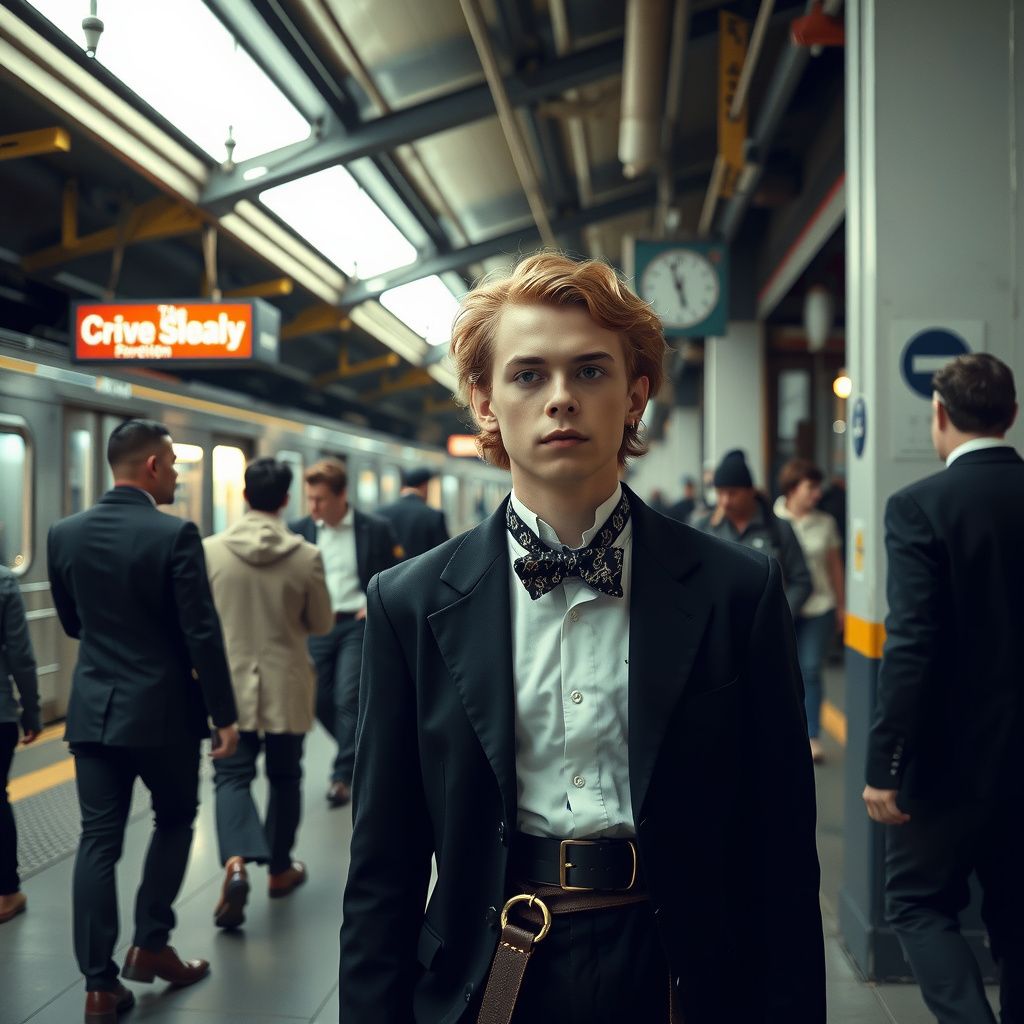 Surreal dream scene, cinematic and atmospheric, digital art: A tall, skinny young man with strawberry blond hair dressed in a theatrical outfit stands thoughtfully on a bustling New York City train platform surrounded by commuters and the urban backdrop of a busy train station.