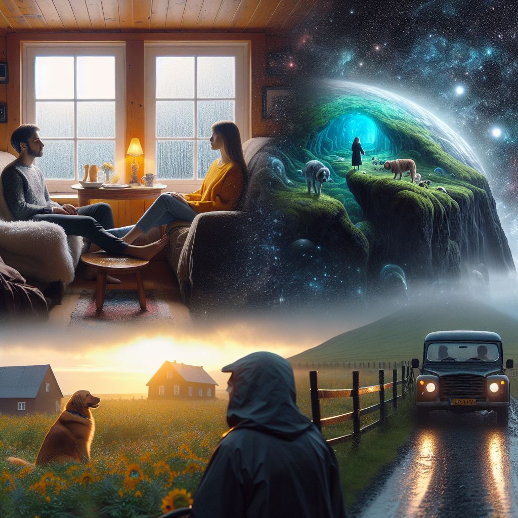 Surreal dream scene, cinematic and atmospheric, digital art: A calm conversation between two friends inside a cozy home seamlessly transitioning into them walking together in outer space, their consciousness split between the physical room and the vast cosmos, followed by a peaceful rainy car scene where one gently pets a dog, deeply feeling every hair, while observing intricate raindrop patterns on a large black rock in the distance.