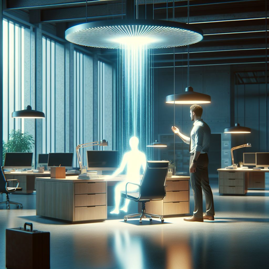Surreal dream scene, cinematic and atmospheric, digital art: A person notices a mysterious glowing object on their desk during their last day at work in a modern office.